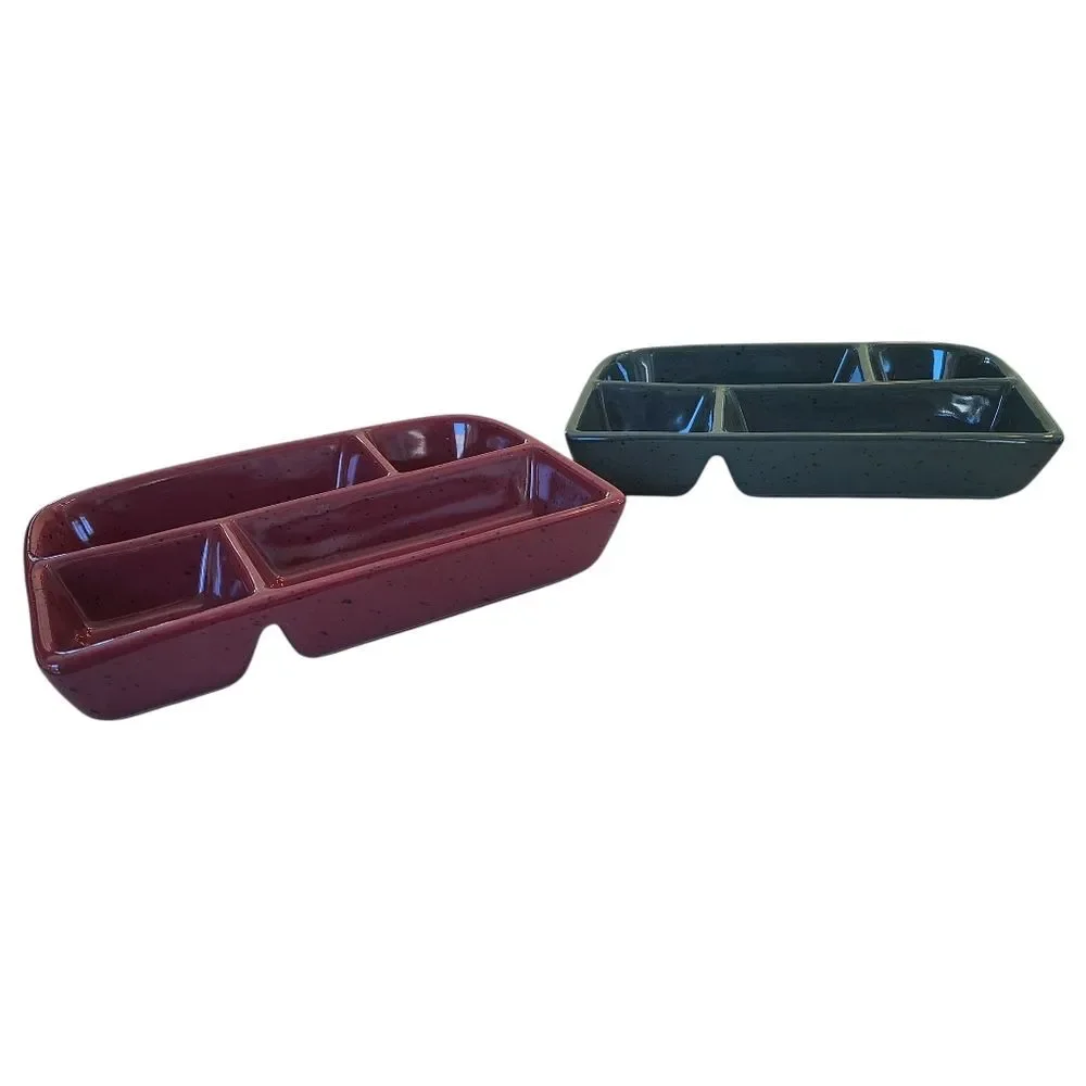 TWO Glazed Stoneware Trays with Four Compartments Sushi Condiments Divided Plate